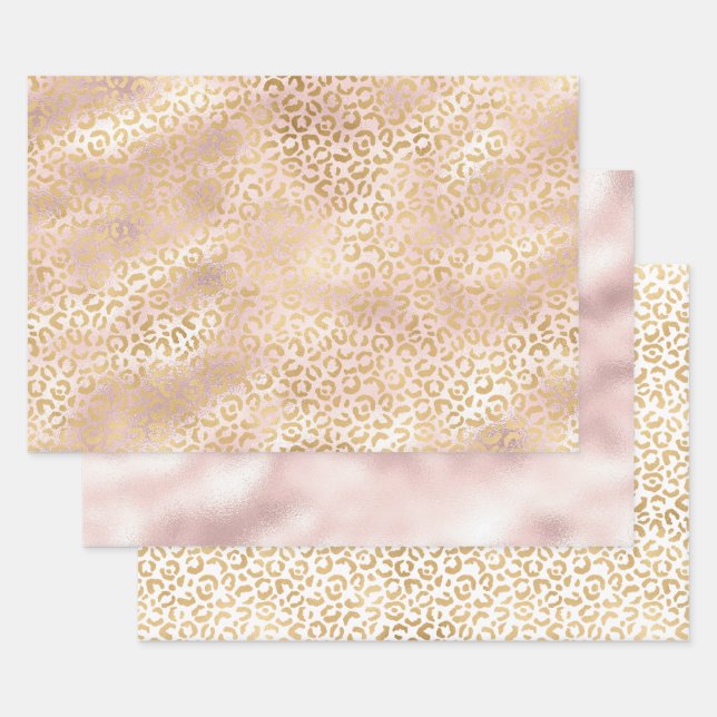 Girly Glam Gold Blush Pink Leopard Print Wrapping Paper Sheet (Set)