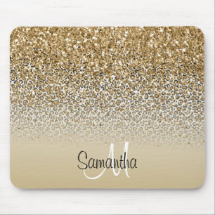 Girly Glam Gold Leopard Print Glitter Monogram Mouse Pad