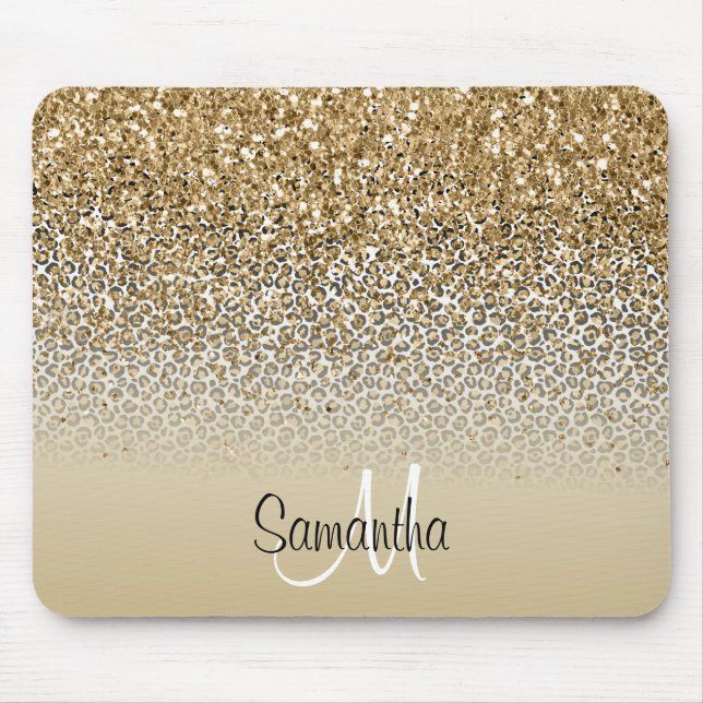 Girly Glam Gold Leopard Print Glitter Monogram Mouse Pad (Front)