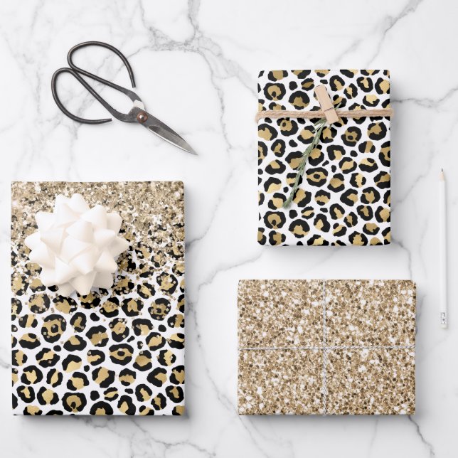 Girly Glam Gold Leopard Print Glitter Sparkle  Wrapping Paper Sheet (Front)