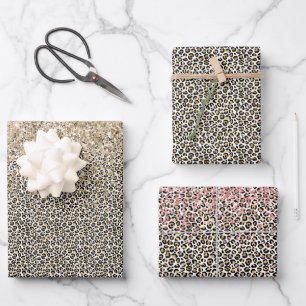 Girly Glam Gold Leopard Print Glitter sparkle Wrapping Paper Sheet