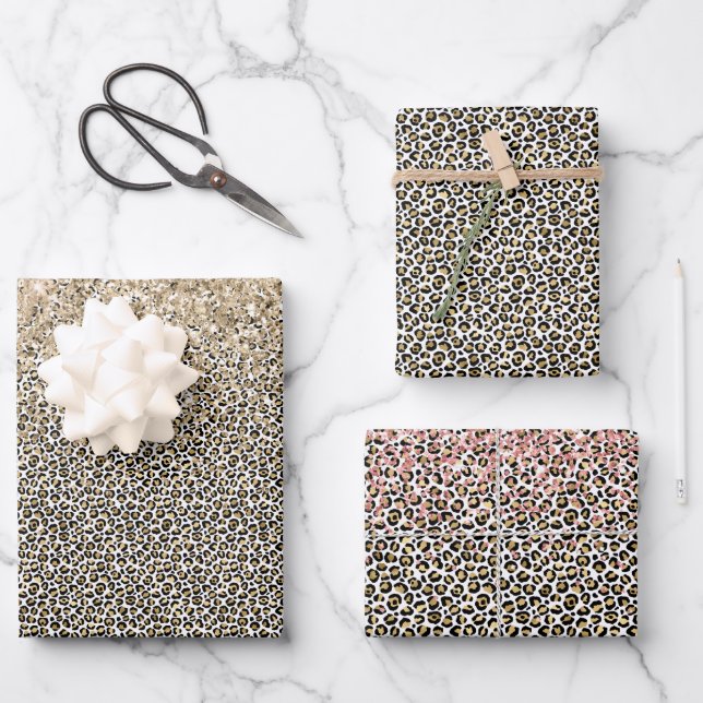 Girly Glam Gold Leopard Print Glitter sparkle Wrapping Paper Sheet (Front)