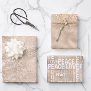Girly Glam Gold Love Peace Glitter Leopard Print Wrapping Paper Sheet