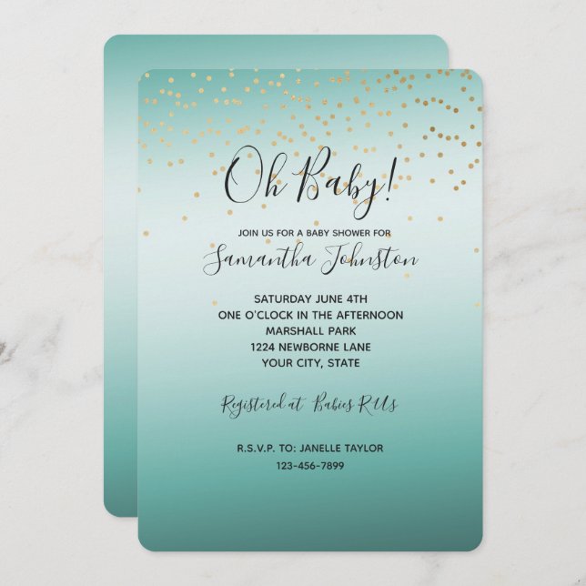 Girly Glam Gold Mini Confetti Mint Ombre Invitation (Front/Back)