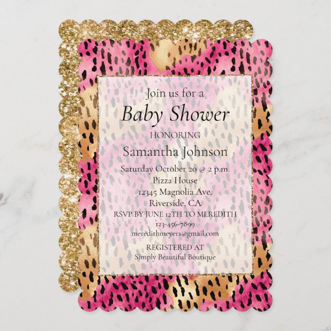 Girly Glam Gold Pink Leopard Invitation (Front/Back)