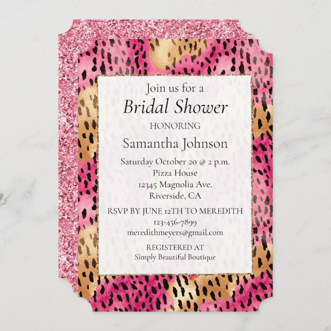 Girly Glam Gold Pink Leopard Invitation (Front/Back)