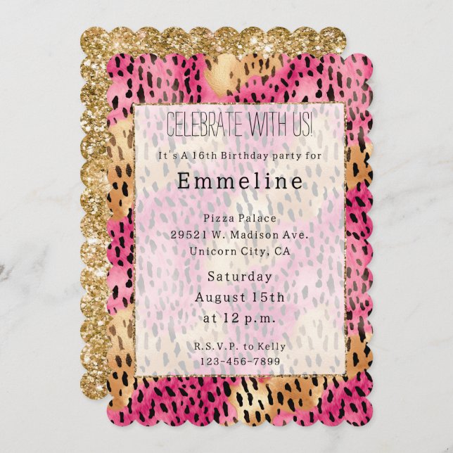 Girly Glam Gold Pink Leopard Invitation (Front/Back)