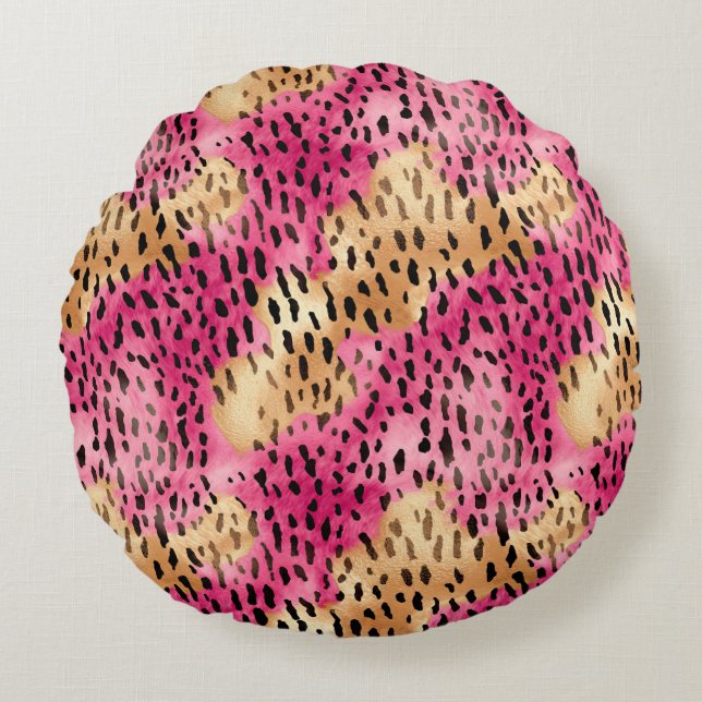 Girly Glam Gold Pink Leopard Round Cushion (Front)