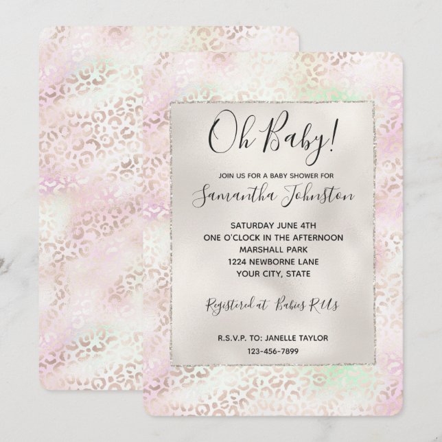 Girly Glam Gold Pink Mint Ombre Leoaprd Print Invitation (Front/Back)