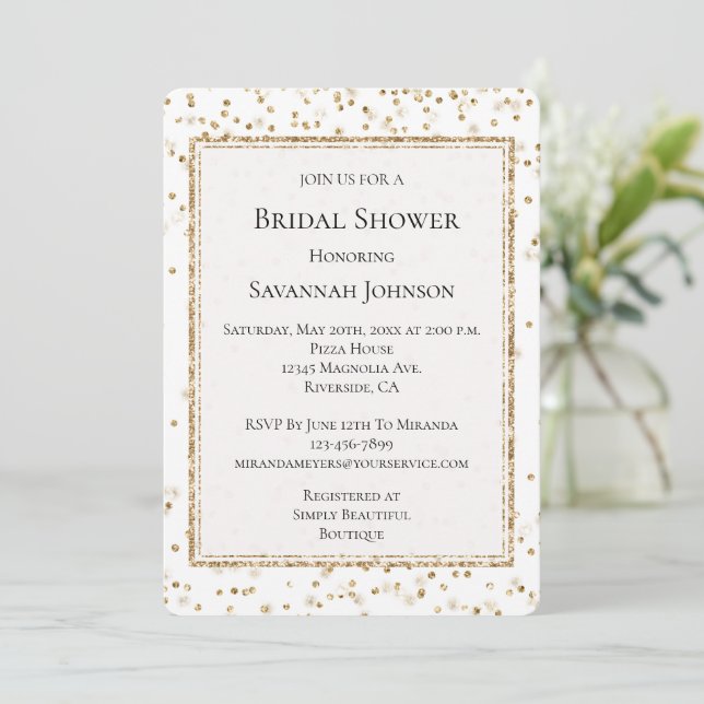 Girly Glam Gold Sparkle Confetti Bridal Shower Invitation (Standing Front)