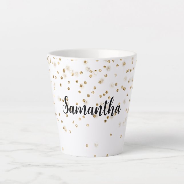 Girly Glam Gold Sparkle Confetti Personalised Latte Mug (Front)