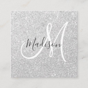 Girly & Glam Grey Silver Glitter Sparkle Monogram Square Business Card