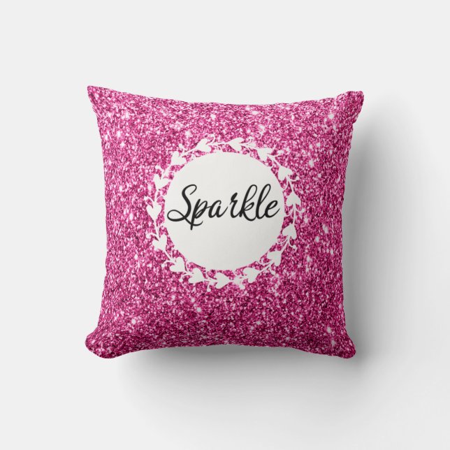 Girly & Glam Hot Pink Glitter Sparkle White Hearts Cushion (Front)