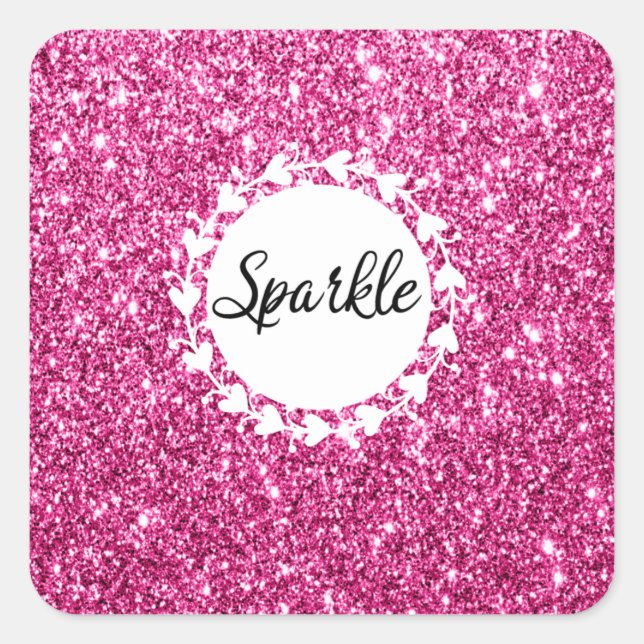 Girly & Glam Hot Pink Glitter Sparkle White Hearts Square Sticker (Front)