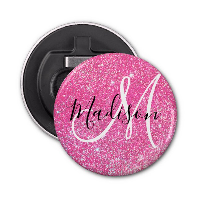 Girly Glam Hot Pink Glitter Sparkles Monogram Name Bottle Opener (Front)