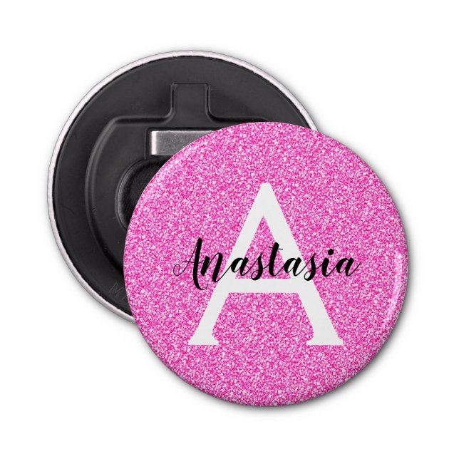 Girly Glam Hot Pink Glitter Sparkles Monogram Name Bottle Opener (Front)