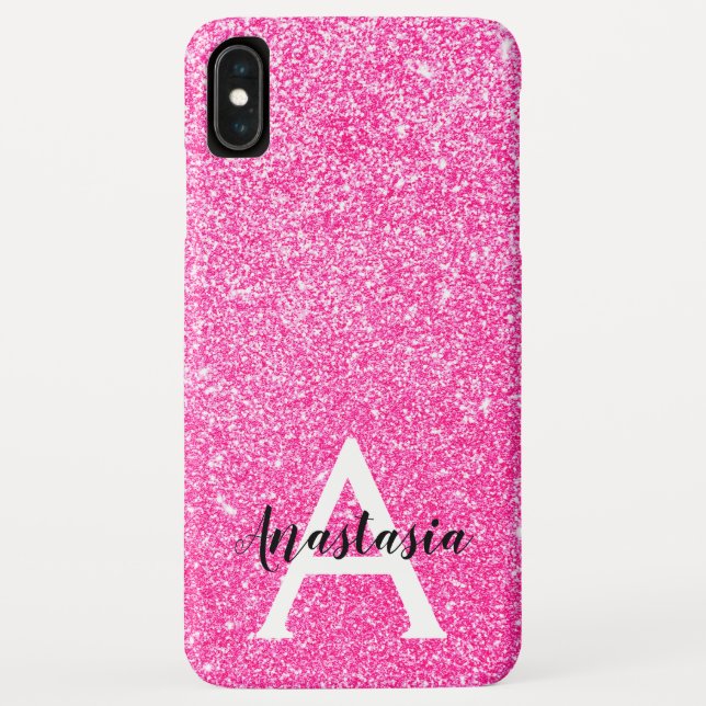 Girly Glam Hot Pink Glitter Sparkles Monogram Name Case-Mate iPhone Case (Back)