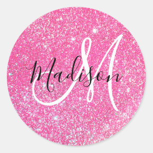 Girly Glam Hot Pink Glitter Sparkles Monogram Name Classic Round Sticker