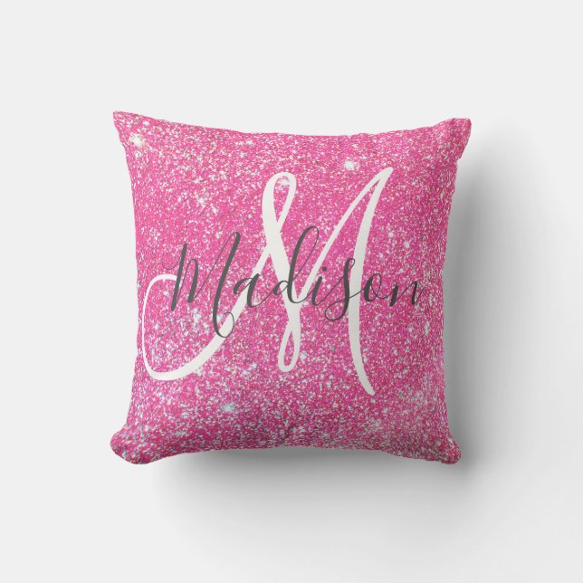 Girly Glam Hot Pink Glitter Sparkles Monogram Name Cushion (Front)