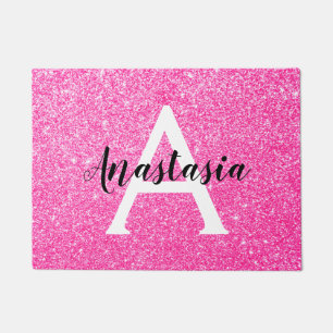 Girly Glam Hot Pink Glitter Sparkles Monogram Name Doormat