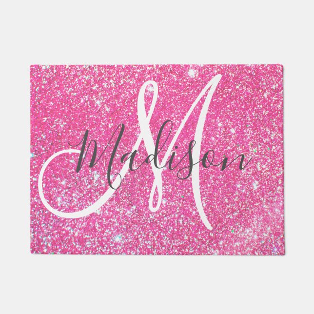 Girly Glam Hot Pink Glitter Sparkles Monogram Name Doormat (Front)