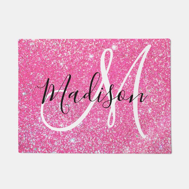 Girly Glam Hot Pink Glitter Sparkles Monogram Name Doormat (Front)