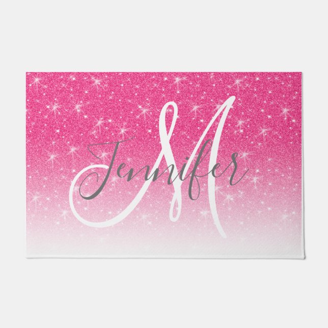 Girly Glam Hot Pink Glitter Sparkles Monogram Name Doormat (Front)