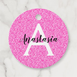 Girly Glam Hot Pink Glitter Sparkles Monogram Name Favour Tags
