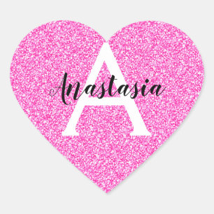 Girly Glam Hot Pink Glitter Sparkles Monogram Name Heart Sticker