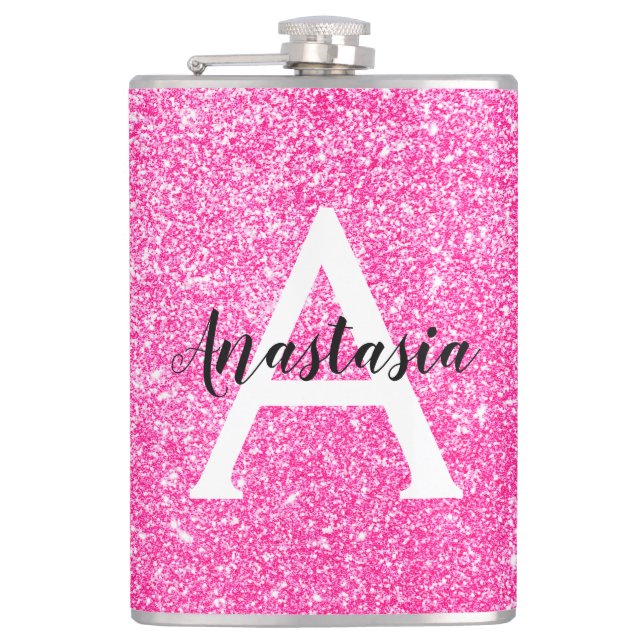 Girly Glam Hot Pink Glitter Sparkles Monogram Name Hip Flask (Front)