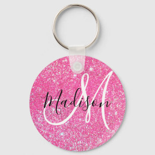 Girly Glam Hot Pink Glitter Sparkles Monogram Name Key Ring
