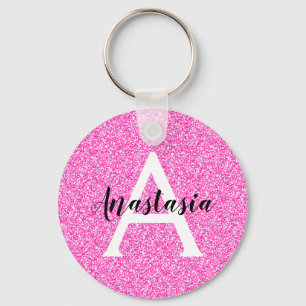 Girly Glam Hot Pink Glitter Sparkles Monogram Name Key Ring