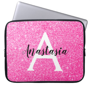 Girly Glam Hot Pink Glitter Sparkles Monogram Name Laptop Sleeve