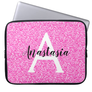 Girly Glam Hot Pink Glitter Sparkles Monogram Name Laptop Sleeve
