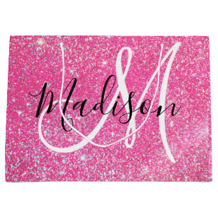 Girly Glam Hot Pink Glitter Sparkles Monogram Name Large Gift Bag