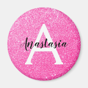 Girly Glam Hot Pink Glitter Sparkles Monogram Name Magnet