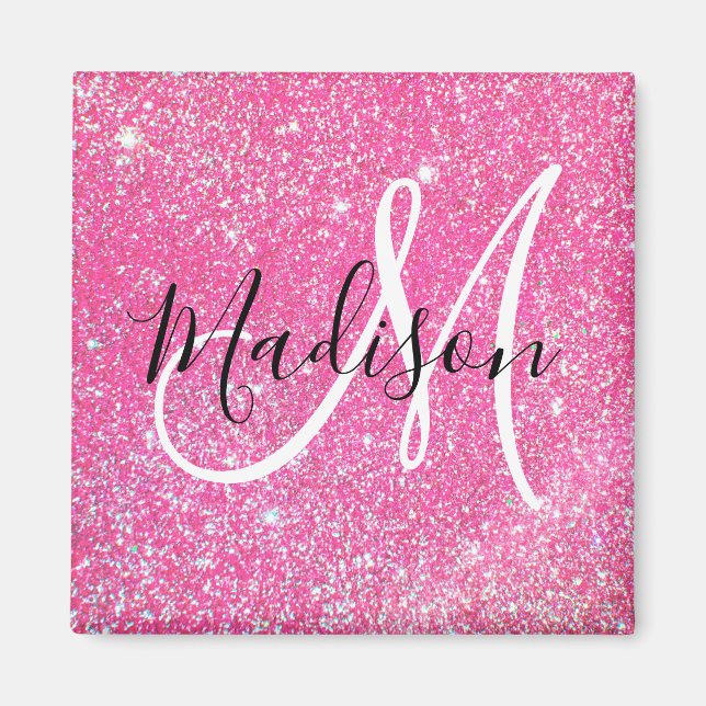 Girly Glam Hot Pink Glitter Sparkles Monogram Name Magnet (Front)