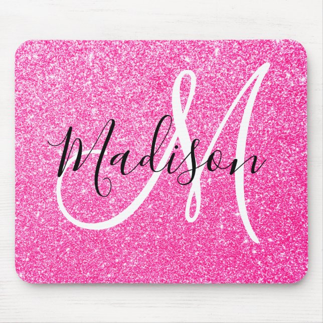 Girly Glam Hot Pink Glitter Sparkles Monogram Name Mouse Pad (Front)