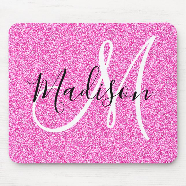 Girly Glam Hot Pink Glitter Sparkles Monogram Name Mouse Pad (Front)