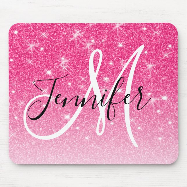 Girly Glam Hot Pink Glitter Sparkles Monogram Name Mouse Pad (Front)