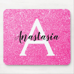 Girly Glam Hot Pink Glitter Sparkles Monogram Name Mouse Pad