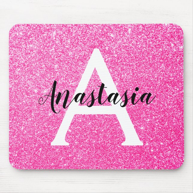Girly Glam Hot Pink Glitter Sparkles Monogram Name Mouse Pad (Front)