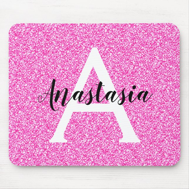 Girly Glam Hot Pink Glitter Sparkles Monogram Name Mouse Pad (Front)