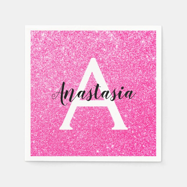 Girly Glam Hot Pink Glitter Sparkles Monogram Name Napkin (Front)