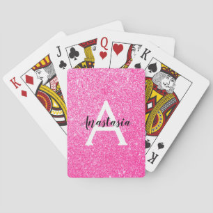 Girly Glam Hot Pink Glitter Sparkles Monogram Name Playing Cards