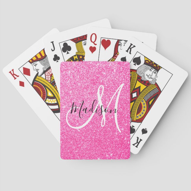 Girly Glam Hot Pink Glitter Sparkles Monogram Name Playing Cards (Back)