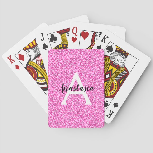 Girly Glam Hot Pink Glitter Sparkles Monogram Name Playing Cards (Back)