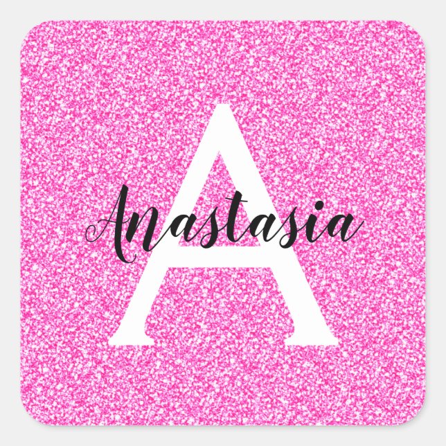 Girly Glam Hot Pink Glitter Sparkles Monogram Name Square Sticker (Front)