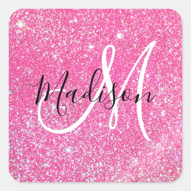 Girly Glam Hot Pink Glitter Sparkles Monogram Name Square Sticker (Front)