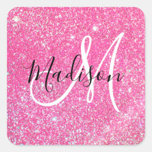 Girly Glam Hot Pink Glitter Sparkles Monogram Name Square Sticker